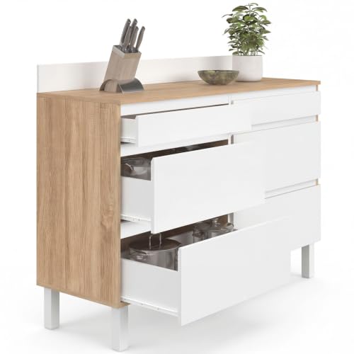 Buffet bas double casserolier de cuisine 120 cm CLAUDE plan de travail H. 83 cm 6 tiroirs bois et
