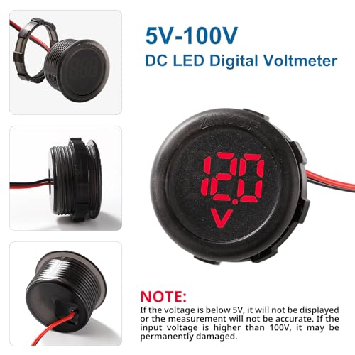 VooGenzek DC 5-100V DC Digital Voltmeter Wasserdicht, 2 Drähte Spannungsmesser 3-Digit LED Anzeige, mit Anti Konnection Schutz, für Autos Fahrzeuge Motorräder Boote, Rot