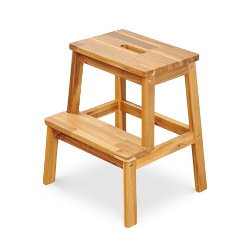 Toddler 2-Step Wooden Stool, Solid Acacia Wood Step Stool for Adults and Kids, 19.6 Inches Tall, 350 lbs Capacity, Bathroom Bench, Kitchen or Closet Climbing Chair, Indoor Use, Easy Assembly