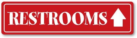 GRX1125 Aluminum Sign LARGE 24 in x 6 in: RESTROOMS. ARROW UP (red/white) Style 3