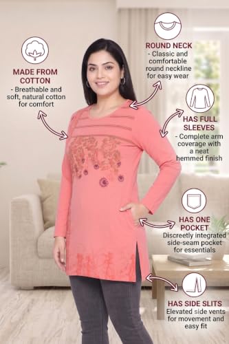 Image of Women Printed Full Sleeve Cotton Tshirt with Side Slits & Pocket | Small - 7XL Size