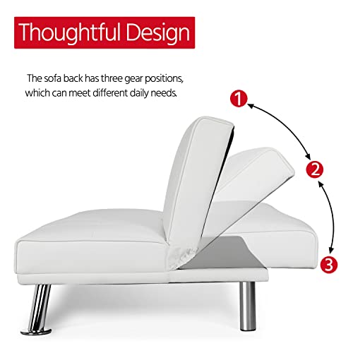 Yaheetech Convertible Sofa Bed Adjustable Couch Sleeper Modern Faux Leather Home Recliner Reversible Loveseat Folding Daybed Guest Bed, Removable Armrests, Cup Holders, 3 Angles, 772Lb Capacity, White #TOP4