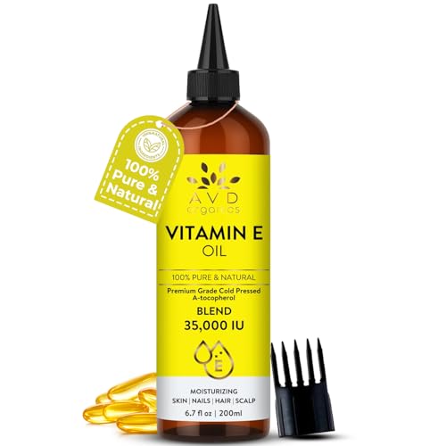 Image of AVD ORGANICS Pure Vitamin E Oil for Skin, Scars, Hair & Face - 30,000 IU |100% Pure and Natural A Tocopherol | For Face, Hair & Nail moisturiser | Cold Pressed Hexane Free | 6.7 fl oz (200ML)