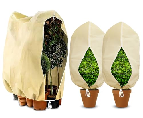 Ewzayol 3 Stück Winterschutz für Pflanzen,Atmungsaktiv 85 g/m² Winterschutz Kübelpflanzensack pflanzenschutz Winter mit Reißverschluss und Zugband Beige(80 x 120 cm &120 x180 cm)