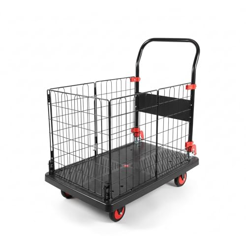 Image of BonKaso 150Kg Foldable Platform Trolley with Basket Cage | Portable Heavy-Duty Plastic Hand Truck with 360 Rotating Wheels Cart for Office, Warehouse & Outdoor (72.5x48.5x98.5cm) Black