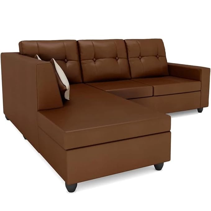 Image of FURNY Nathanie 4 Seater Leatherette LHS L Shape Sofa Set (Left Facing-Brown) | Durable Comfort | Modern Design | Ideal for Living Room