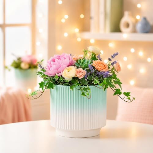 Image of Xtore Elegant Ribbed Ceramic Planter for Home & Office Decor | Modern Indoor Flower Pot with Soft Aqua-Toned Interior for Living Room, Bedroom, Desk, Shelf, Balcony & Window Styling (Shaded Green)
