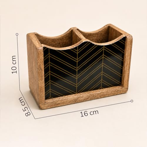 Image of The Earth Store Wooden Chevrona Cutlery Holder 2 Division | 6 Inch Black & Brown Cutlery Organizer | Spoon & Utensil Holder for Kitchen Counter, Dining Table & Table Top Use