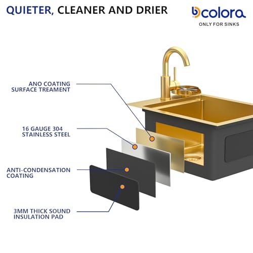 Dcolora Gold Bar Sink with Faucet, 13"x15" Drop In Small Kitchen Sink, Heavy Duty 16 Gauge 304 Stainless Steel Luxury Gold Nano-PVD, Workstation with Valued Accessories #DC-SFDOE00132 by Dcolora - Used condition - Image 8