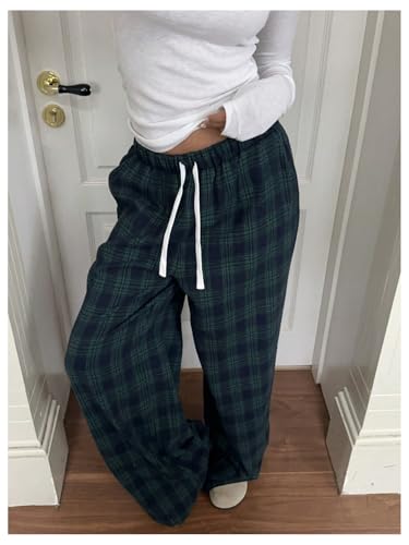 COZYEASE Women's Plaid Wide Leg Pants Drawstring Waist Casual Preppy Trousers Soft Lounge Pant3