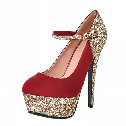 LYYSKY Womens Fashion 14CM Stiletto High Heels Platform Round Toe Ankle Strap Pumps Sequins Evening Dress Party Wedding Prom Shoes