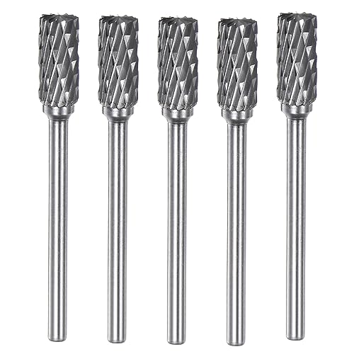 sourcing map 5pcs Carbide Rotary Burrs 1/8 (3mm) Shank 1/4 (6mm) Head Double Cut Cylindrical A Shape Die Grinder Bits Rasp Files for Metal Wood Plastic Polishing Engraving