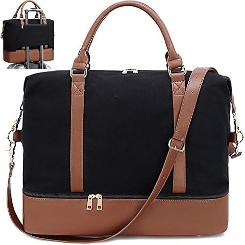 CAMTOP Canvas Weekender Bag, Carry On Travel Tote Overnight Duffel Bag with Shoe Compartment and Trolley Sleeve (B-Black) 45L Cover