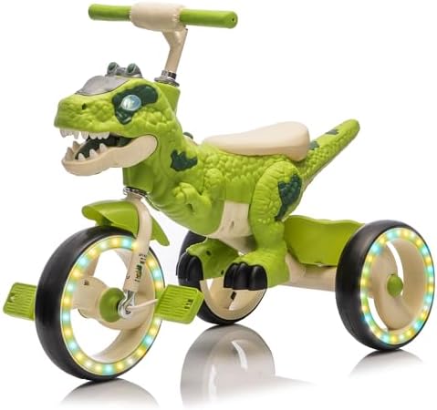 Kids Dinosaur Tricycle, Toddler Trike with LED Flash Wheels