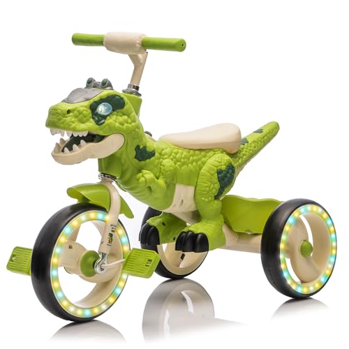 Dinosaur Kids Tricycle for Rider, Toddlers Kid Trike Bike Big Wheel with Wide Flash Wheels, Anti-Slip Pedals, Storage Basket, Music & LED Lights, Kids Bike for 3-6 Year Old Girls & Boys (Green)