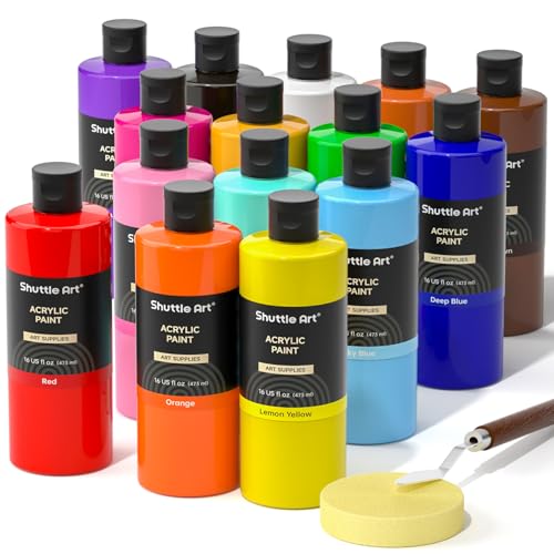 Image of Shuttle Art Acrylic Paint, 15 Colors Acrylic Paint Large Bottle Set, 473ml /16oz Each, Rich Pigments, High Viscosity, Bulk for Artists, Beginners and Kids on Rocks Crafts Canvas Wood