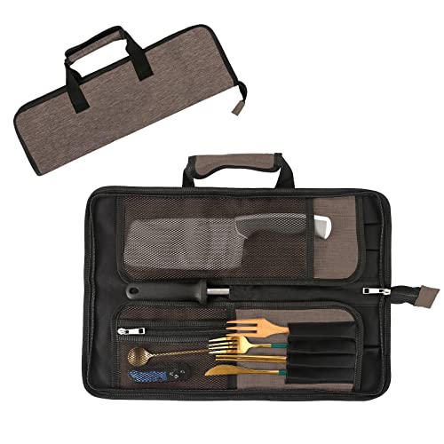 HJSSAA Messertasche,Koch Messer Roll Bag,Kochmessertasche Heavy Duty Oxford Messer Tasche mit 13-Schlitzen, Einfacher Tragegriff und Schultergurt, Küchenaufbewahrung für Reisen Camping (Khaki)