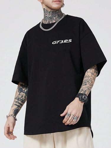 Image of SQF Men's Cottonblend Oversized, Black, Half Sleeve Round Neck Back Font Printed T-Shirt, Graphic T-Shirt