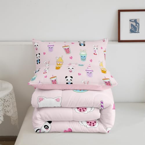 Image of Feelyou Cartoon Milk Tea Bedding Set Queen Size, Kids Cute Panda Comforter Set Kitten Cat Comforter Rabbit Duvet Insert 3Pcs