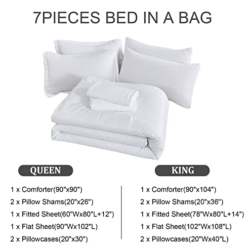 Luxudecor White Waffle Comforter Set Queen Size, Microfiber Comforters Soft And Lightweight, 7 Pieces Waffle Weave Bed In A Bag Comforter Set, Durable And Easy Care Bed Comforter For All Season #TOP5