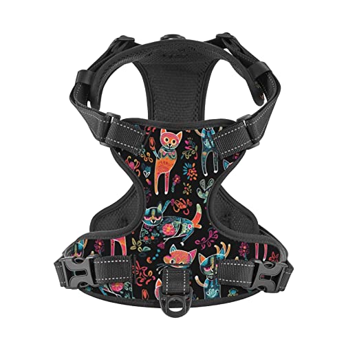 Floral Sugar Skull Cats Reflective Dog Harness No Pull Soft Vest Harness for Small Medium Large Dog Puppy Pets Large Size