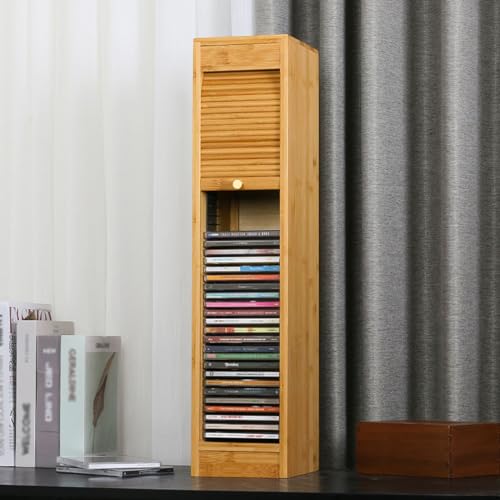 Desktop CD Organizer Rack Natural Bamboo CD Storage Rack Record Protector Storage Box DVD Display Shelf Vinyl Record Box, Holds up to 40 CD Cases, No Assembly Required