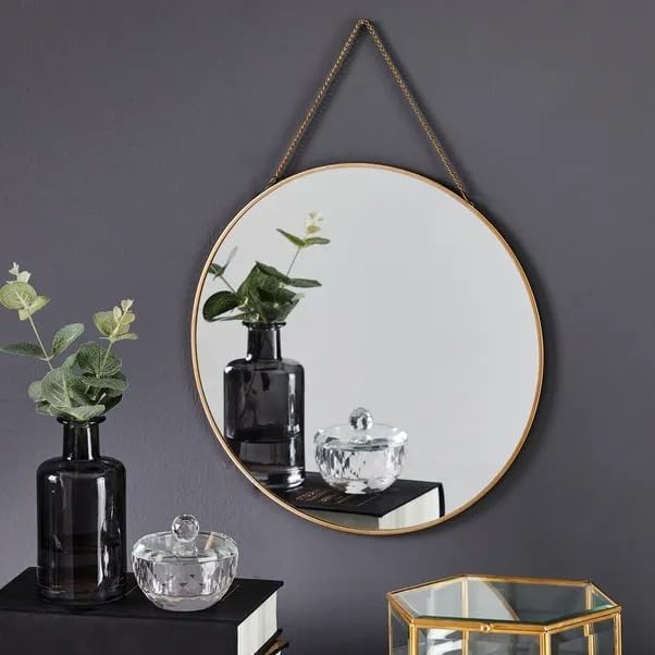 IAC Crafteriaaa Decorative Vintage Wall Mirror with (Brass) Border Wall Hanging Mirror with Chain | Decorative Mirror for Wall Living Room Bedroom & Bathroom Mirror Size - (11 Inches) (Round)-image-31