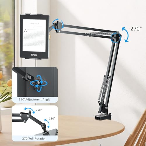 Phone and Tablet Holder for Kindle Reading in Bed Laying Down, Metal Flexible Lazy Arm Stand with Clamp for Desk Bedside, Adjustable Tablet Mount Compatible with iPhone iPad Mini Kindle