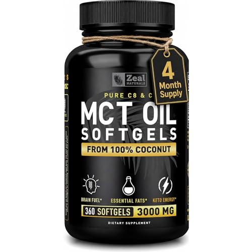 Pure MCT Oil Capsules (360 Softgels | 3000mg) 4 Month Supply Keto Pills w Unrefined Coconut - C10 & C8 Brain Fuel Energy Octane Ketosis