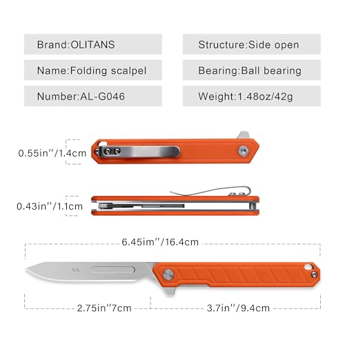 Image of OLITANS G046 Mecha Mini Slim Folding Scalpel with 5pcs #24 and 5pcs #60 G10 Handle with Liner Lock, Utility EDC Pocket Knife with Back Clip(Orange)