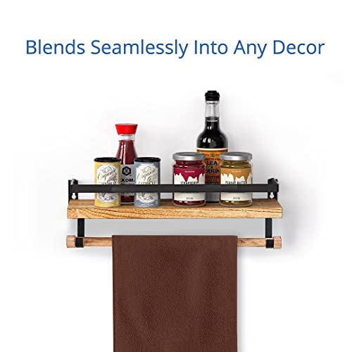 Halter Wall Mounted Floating Shelf With Rail And Wooden Towel Rod, Light Brown #TOP2