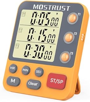 Digital Dual Kitchen Timer, 3 Channels Countdown Triple Timer for Cooking, Magnetic Memory-Preset Large Display Adjustable Alarm Volume, Multi Times Management, 3A Battery Included, Orange