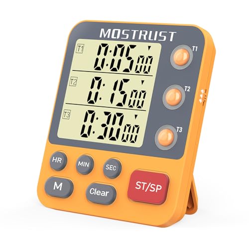 MOSTRUST Digital Dual Kitchen Timer, 3 Channels Countdown Triple Timer for Cooking, Magnetic Memory-Preset Large Display Adjustable Alarm Volume, Multi Times Management, 3A Battery Included, Orange
