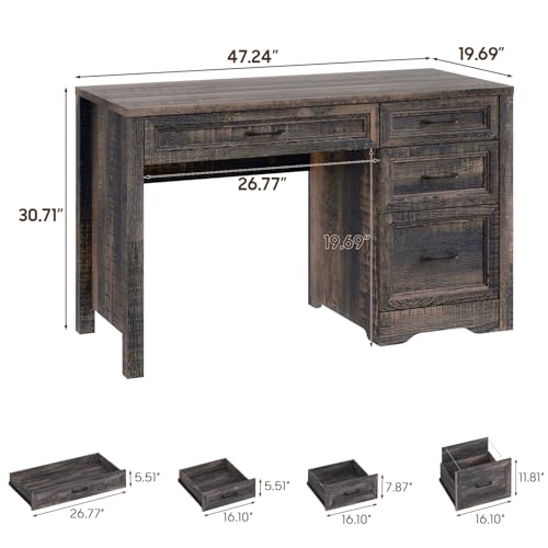 Image of Vabches Farmhouse Executive Desk with Storage and Ample File Drawer, Rustic Large Home Writing Desk for Bedroom, Dark Oak
