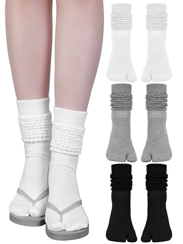 Fourluoo 3 Pairs Flip Flop Socks Slouch Scrunch Socks Tabi Socks Split Toe Socks Japanese Long Knit Socks for Women(Black, White, Gray)