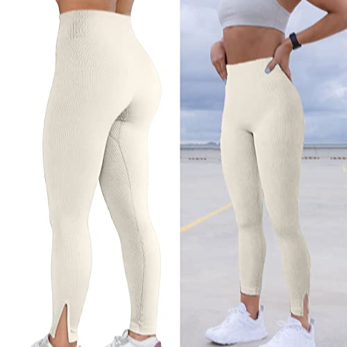 Fashion Ribbed Seamless Leggings For Women Side Split Hem High Waisted Elastic Running Sports Workout Gym Yoga Pants(Beige,Medium) #TOP1