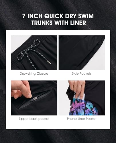 Image of Gleeease 7inch Mens Swim Trunks 2 in 1 with Compression Liner Pockets Drawstring Quick Dry Stretch Lined Funny Beach Pool