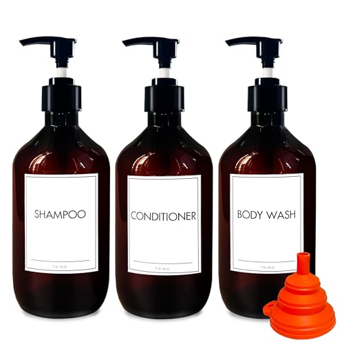 Shampoo and Conditioner Dispenser 16.9oz/500ml Refillable Shampoo Pump Bottles with Labels for Bathroom Empty Hand Wash Dispenser Set of 3