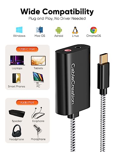 CableCreation Type C External Sound Card with 3.5 mm Audio Jack, USB-C Microphone Headphone Adapter Compatible with MacBook Pro, iMac, iPad Pro 2020, iPhone 16/15, Galaxy S24/ S23/ S22/ S21+
