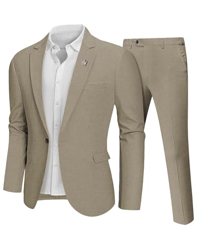 Hihawk Men 2 Piece Regular Fit Linen Suit, Casual Blazer Pants Set, Lightweight Jacket Trouser for Wedding Prom Carbon Large