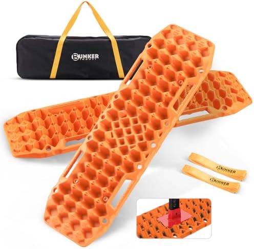 BUNKER INDUST Off-Road Traction Boards with Jack Base, 1 Pair Recovery Tracks Mat for 4X4 Jeep Truck Tire Traction-Sand,Mud, Snow Ladder Ramps (Orange)