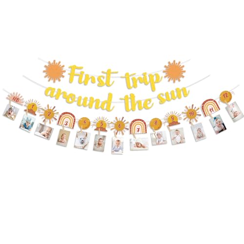 Décorations Boho Sun pour le 1er anniversaire, Inclure la bannière du First Trip Around The Sun, Bannière de photo mensuelle bohémienne pour le premier anniversaire des enfants