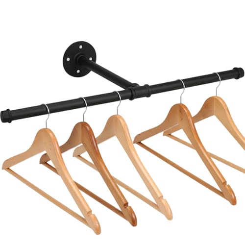 Cast Iron Wall Mounted Clothes Rack, T Shaped Industrial Pipe Clothing Bar for Hanging Clothes, Garment Racks for Closet Organizers, Heavy Duty Hanger Pole Closet Rod 21 Inch (Black, 1 Pack)