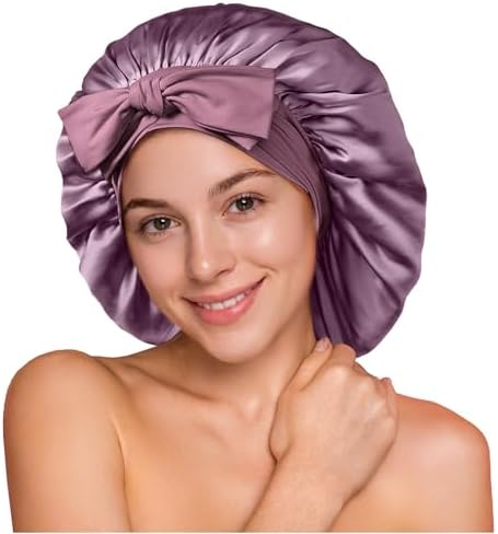 YFONG 100% 22 Momme Mulberry Silk Bonnet for Sleeping Women, Larger Double Layer Silk Hair Wrap for Curly Short Long Hair, Non-Slip Sleep Cap Turban with Elastic Tie Band for Hair Care, Purple