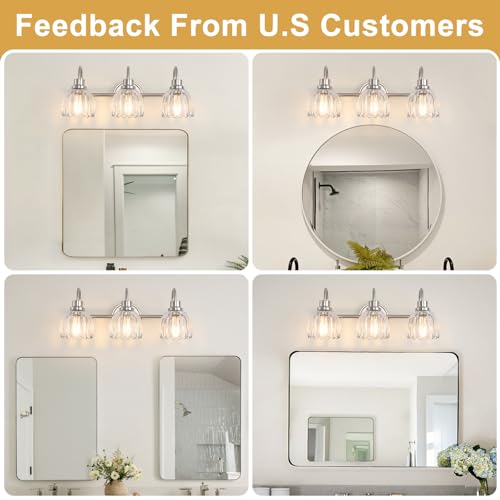 Image of Bathroom Light Fixtures (3-Light, 20 Inch), Brushed Nickel Vanity Lights for Bathroom with Ribbed Clear Tulip Glass Shade, Vintage Vanity Wall Lights for Mirror Bedroom Living Room Hallway