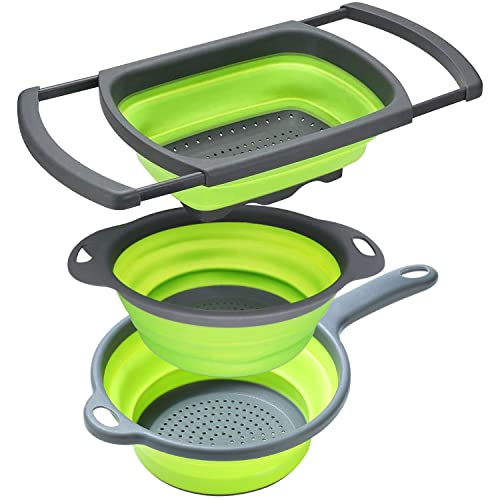 BESUNTEK 折りたたみ式ザル シリコンストレーナー3点セット キッチン用 伸縮式食品ストレーナー 1個 6クォート 1個 4クォート 1個 & 2クォート シンク上ストレーナー パスタ、野菜、果物の水切り用 (グリーン)