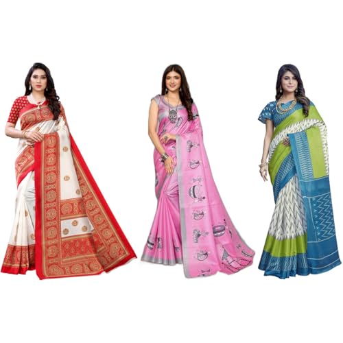 Image of Yashika Women's Sarees Women's Combo Art Silk Printed Saree With Unstitched Blouse Piece |saree for Women | saree combo | New Sari | Saree Pack Of 3