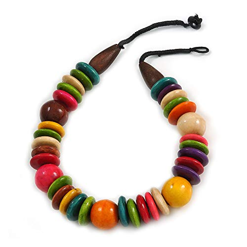 Avalaya Statement Multicoloured Round and Button Wood Bead Necklace - 56cm L