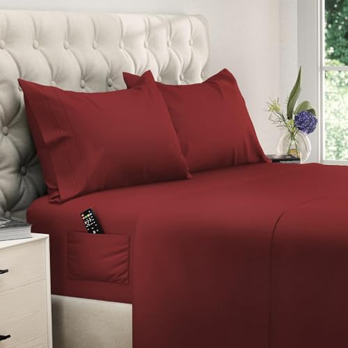 Image of DREAMCARE Full Size Sheets - Cooling Sheets - 4pcs Set - up to 15 inch Deep Pocket Full Sheet Set - Sheets Full Size Bed - Soft & Long Lasting 100% Fine Brushed Polyester with Side Pocket - Burgundy