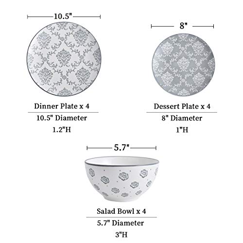Original Heart 12-Pieces Dinnerware Sets Ceramic Dish Set, Plates And Bowls Sets, Dishes Set For 4, Nonstick Plate Set, Durable Stoneware Plates, Dishes, Soup And Cereal Bowls, Grey, For Kitchen #TOP1